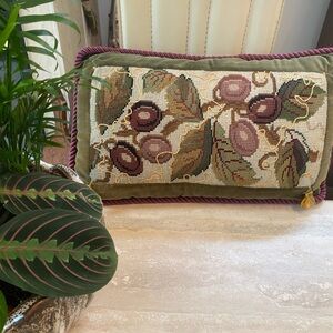 Vintage America Green and Brown Accent Pillow Olive branch  Needlepoint accent